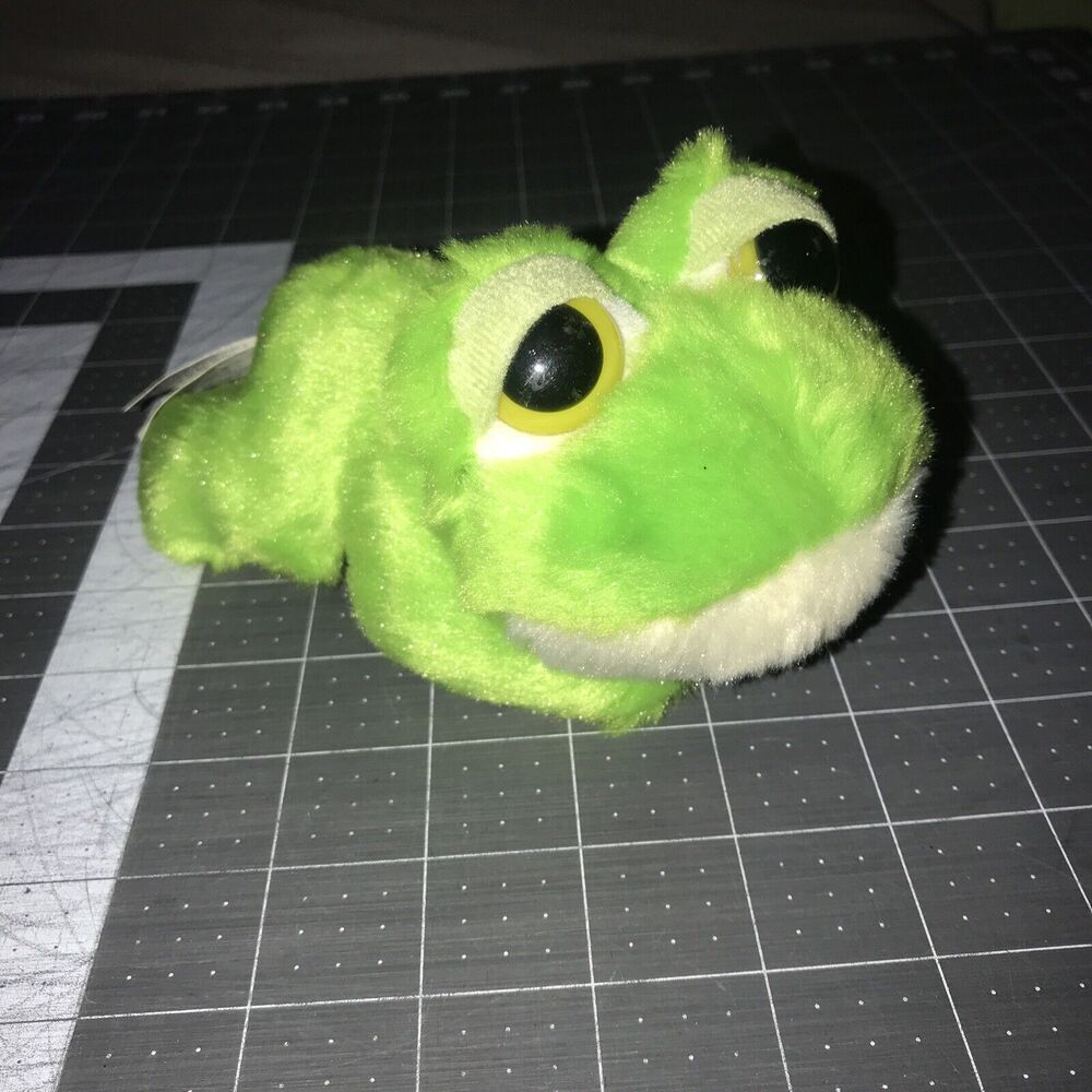 Aurora Frog Green White Laying Down Plush Stuffed AnimalToy Yellow Eyes Small 7"